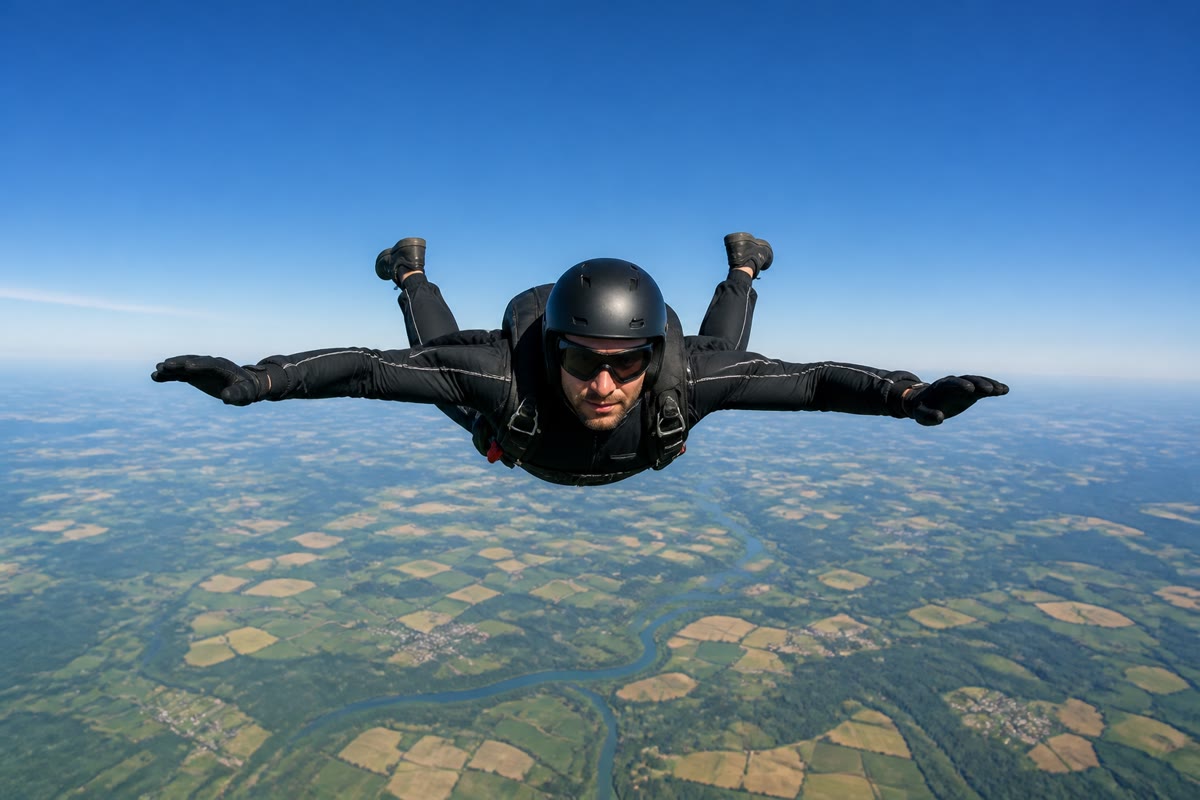 Chute libre dans l’air : après quelques secondes, la traînée quadratique équilibre le poids et le parachutiste tombe à une vitesse limite voisine de 200\, km/ h — c’est le problème du week-end.