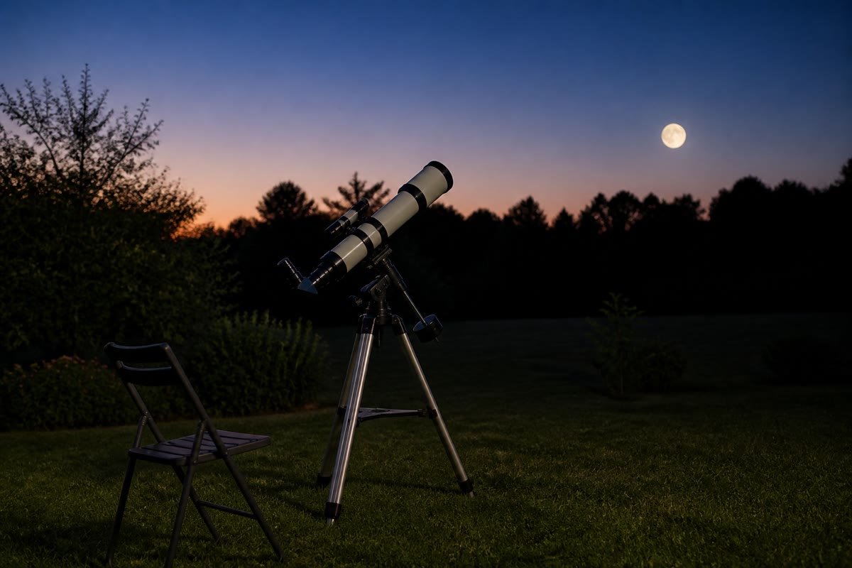 A small refractor at dusk: an objective of long focal length and an eyepiece of short one — the afocal telescope of this chapter, aimed at the Moon of its weekend problem.