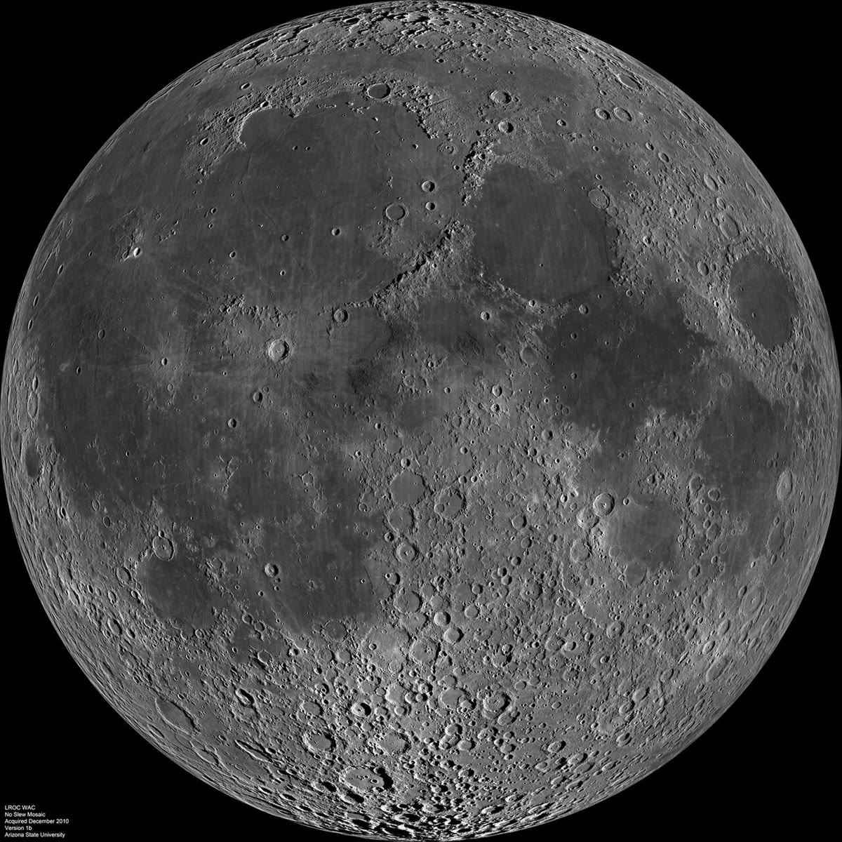 The near side of the Moon (Lunar Reconnaissance Orbiter, NASA): the target of the weekend problem’s telescope, 3476\, km across at 384\,000\, km.
