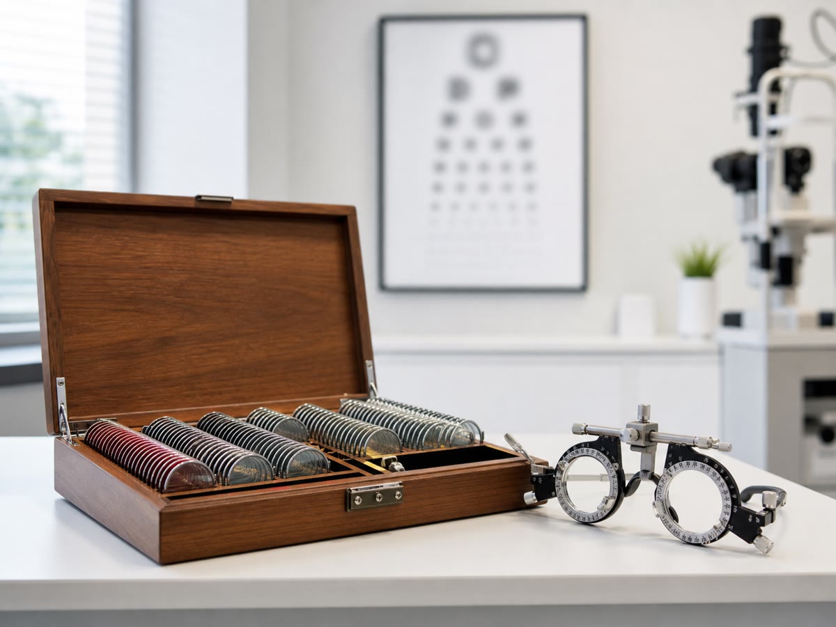An optometrist’s trial lenses and trial frame: a converging or diverging lens of the right vergence in front of the eye moves its far point back to infinity.