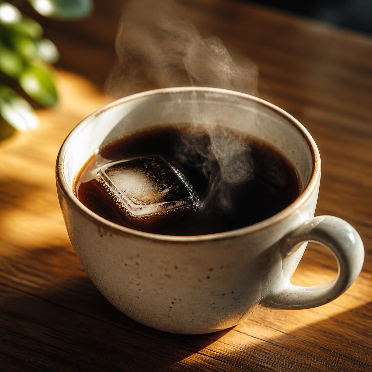 An ice cube melting in hot coffee: heat flows one way only, and the entropy created measures how far from reversible the mixing is.