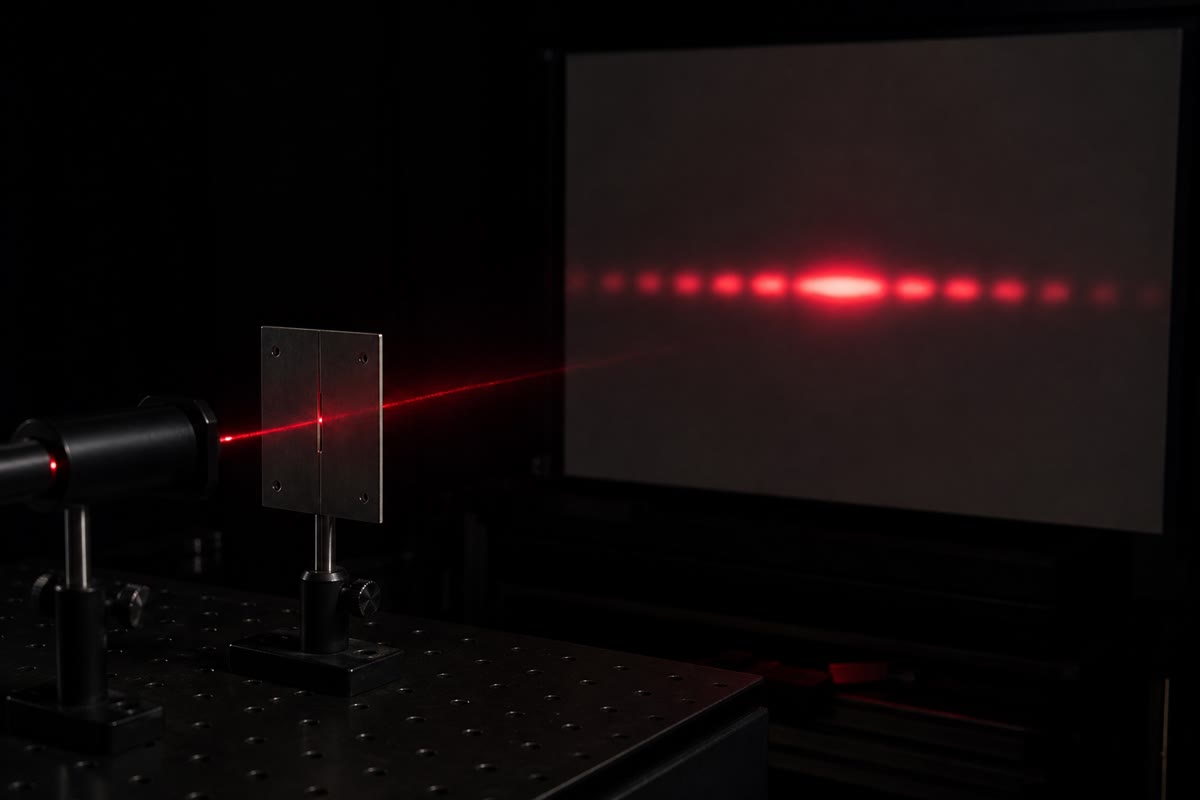 A laser beam through a narrow slit: on the far screen, the wide bright central band and the fainter, narrower side maxima of the Fraunhofer pattern.
