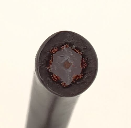 A coaxial cable: inner core, dielectric, braided outer conductor — a transmission line whose inductance and capacitance per metre set its speed and its characteristic impedance.