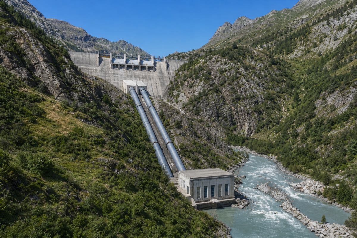 Dois condutos forçados levam a água de um reservatório de montanha até a casa de máquinas: uma carga de duzentos metros, que o teorema de Bernoulli transforma num jato a sessenta metros por segundo.