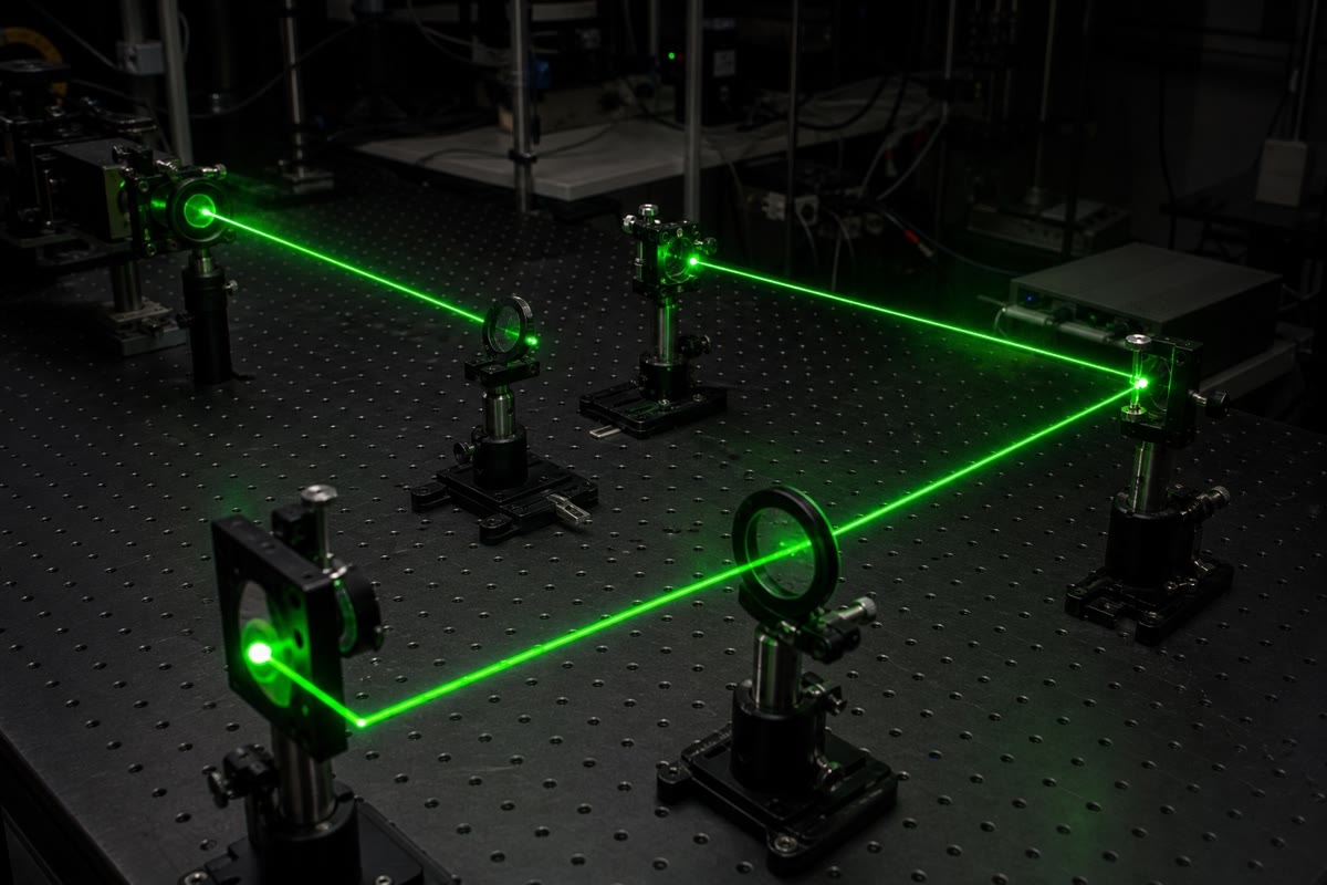 Sebuah meja optik: laser, cermin, lensa dan sebuah berkas yang tetap merupakan garis tipis menyeberangi seluruh ruangan — yaitu keterarahan yang tak dapat diberikan lampu mana pun.