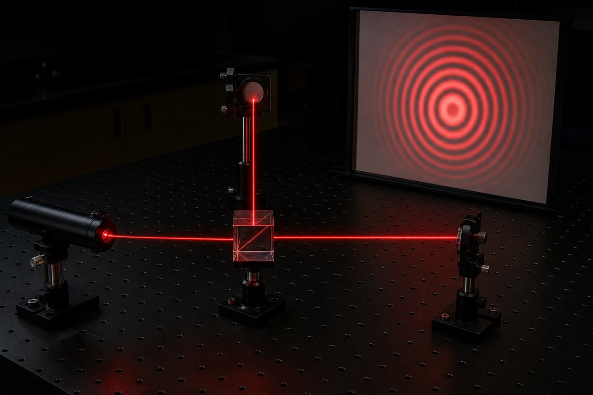 Een michelsoninterferometer op een practicumbank: laser, splitserkubus, twee spiegels, en op het scherm de ringen van gelijke helling van de luchtplaat.