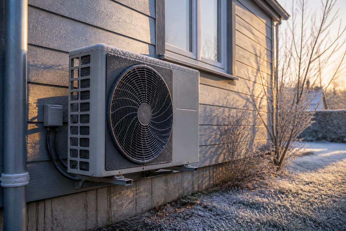 The outdoor unit of a heat pump on a winter morning: a fan draws cold air over the evaporator, and inside a compressor, a condenser and a valve move that heat, three or four times multiplied, into the house.