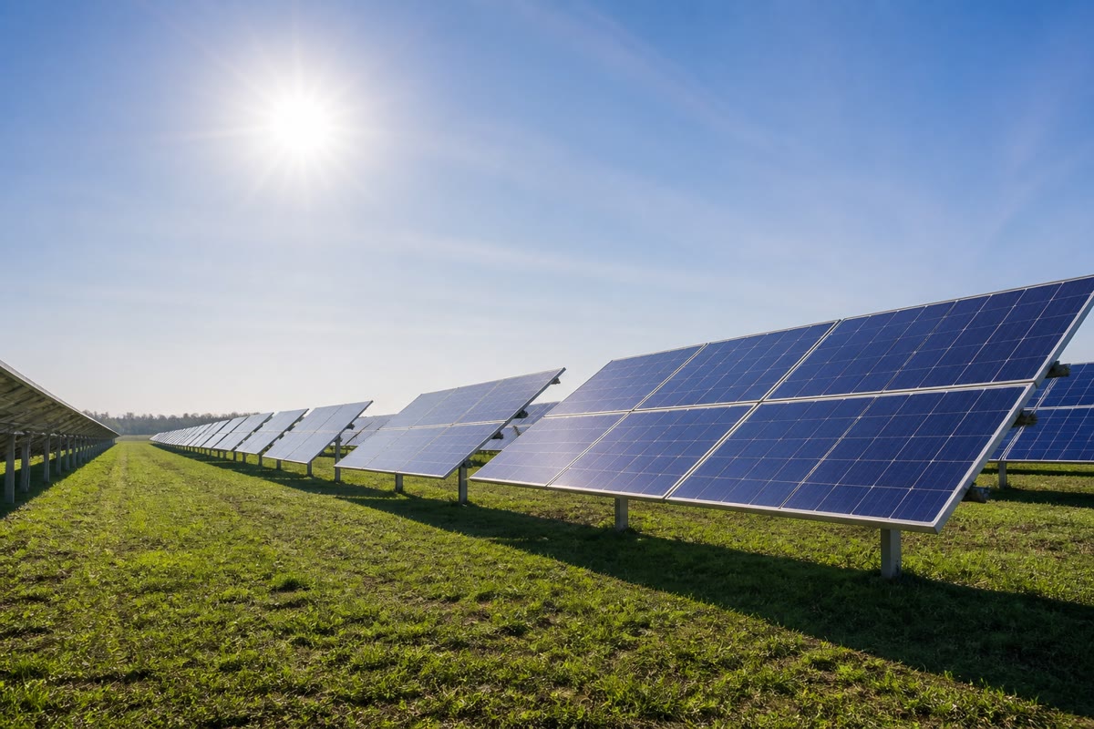 Sebuah ladang surya: satu kilowatt tiap meter persegi fluks Poynting tiba dari Matahari menyeberangi ruang kosong, dan seperlimanya berangkat lewat kabelnya.