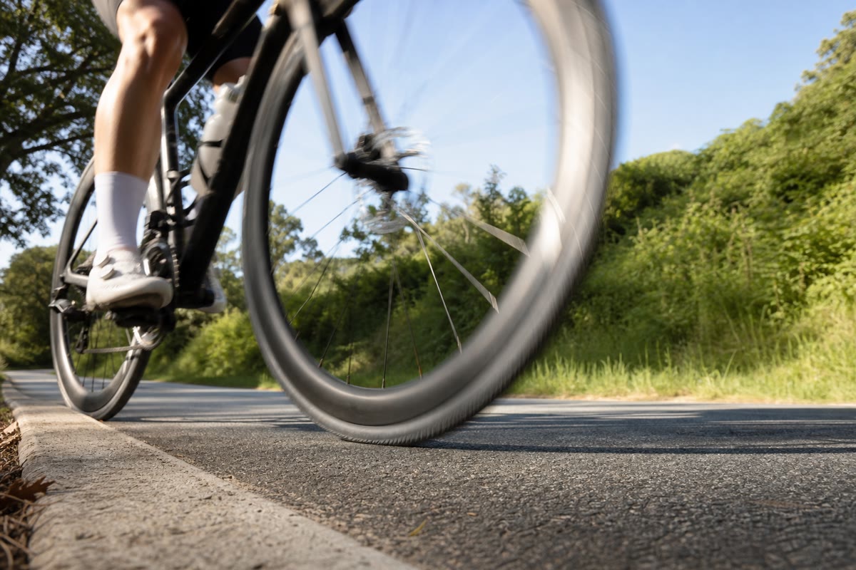 A wheel caught by a slow shutter: the spokes near the road, almost at rest, stay sharp; those at the top, moving at twice the bicycle’s speed, blur.