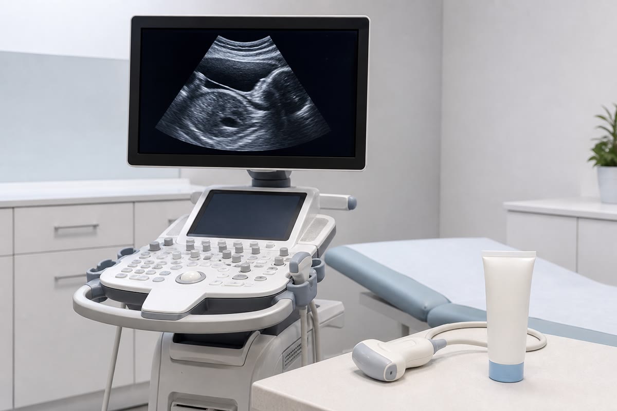 An ultrasound scanner: a few megahertz of sound, timed echoes and the impedance mismatches between tissues draw the image; the gel removes the film of air that would reflect everything.