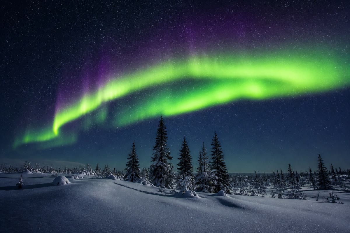 Una aurora: cargas del viento solar dirigidas por el campo magnético terrestre hacia la atmósfera polar. Lo que un observador llama dirección magnética, otro lo llama aceleración eléctrica — los campos se mezclan bajo las transformaciones de este capítulo.
