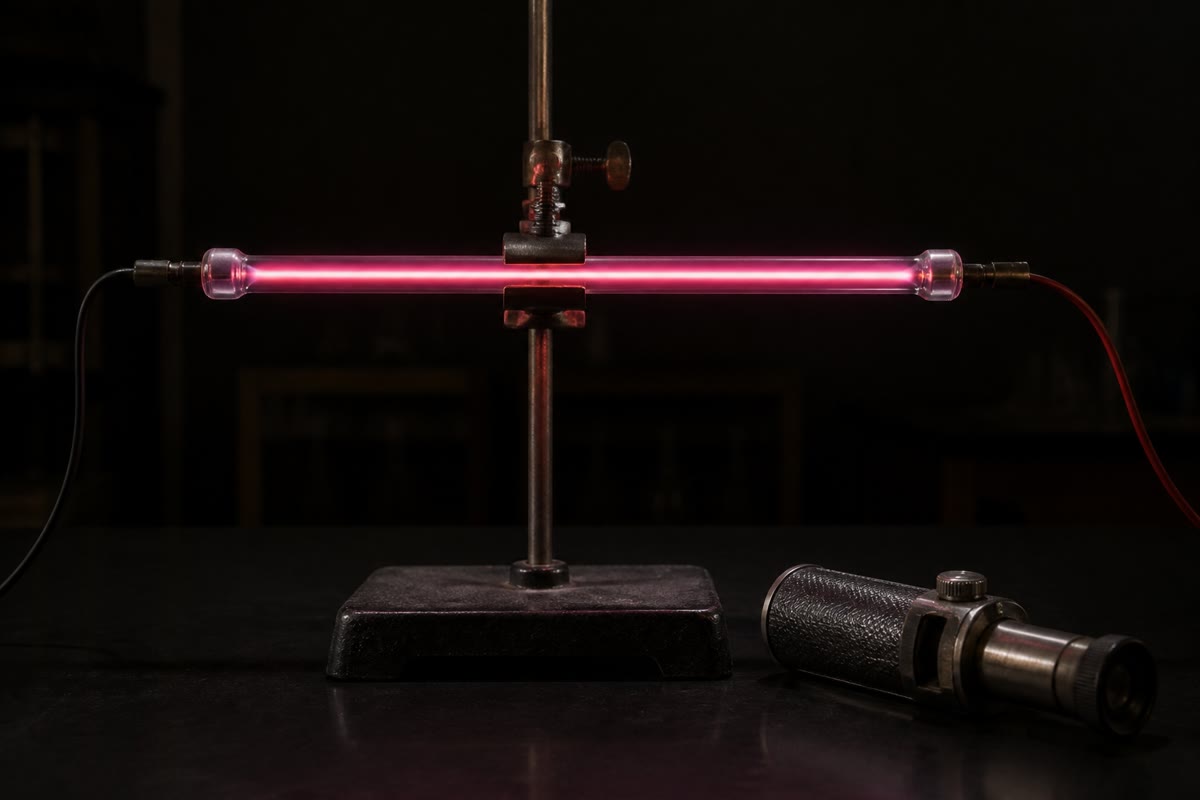 Um tubo de descarga de hidrogênio e um espectroscópio de bolso: o brilho rosado, decomposto, torna-se as linhas de Balmer — a impressão digital inteira que este capítulo deduz do potencial de Coulomb.