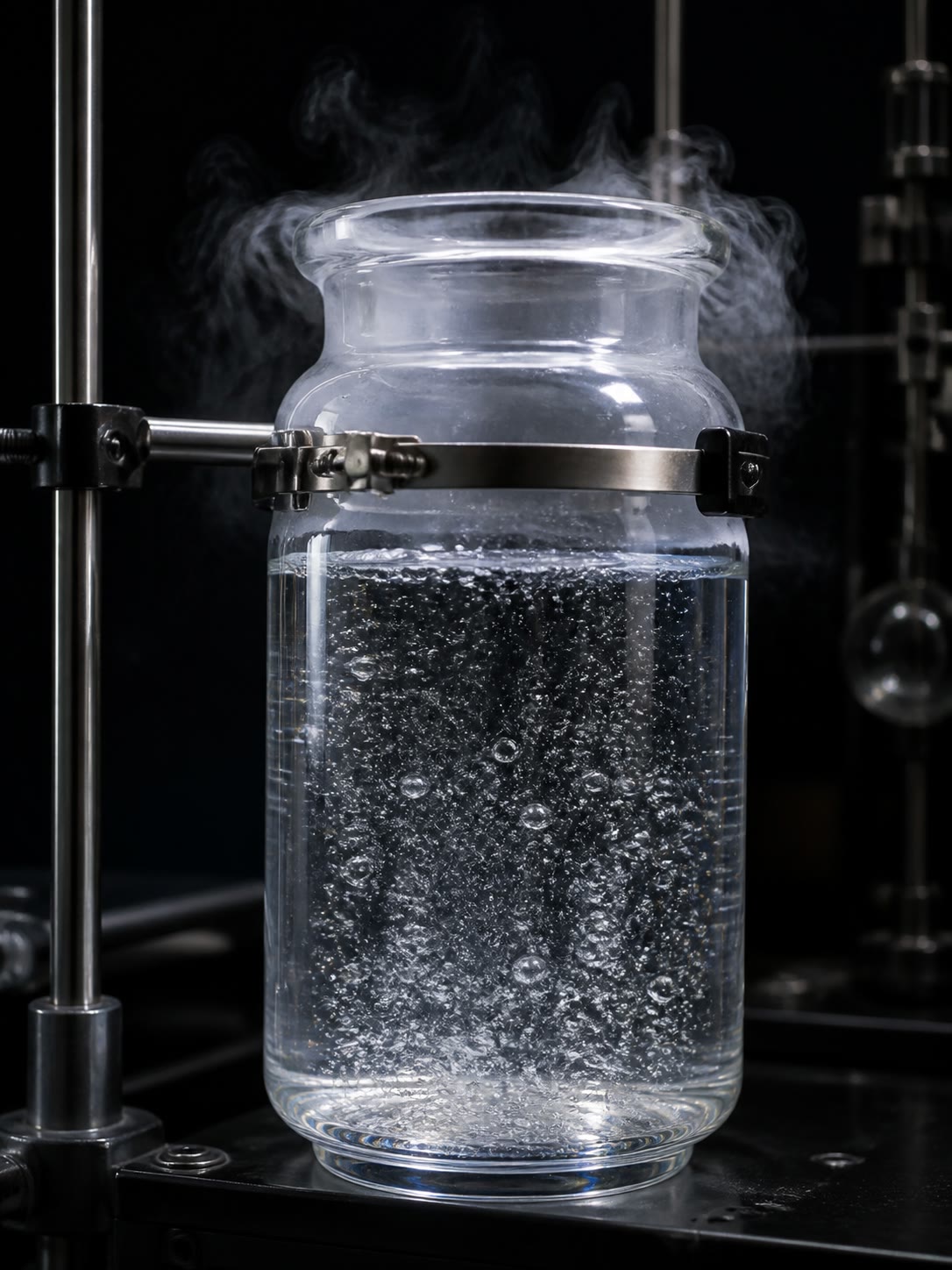 Liquid helium, quietly boiling near 4\, K: a fluid of perfectly identical bosons. A few degrees lower it stops boiling abruptly and flows without friction — indistinguishability, promoted to hydraulics.