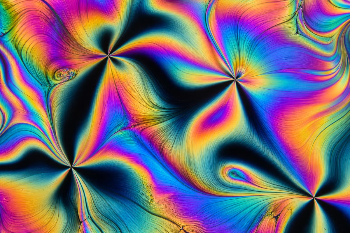 Een vloeibaar kristal tussen gekruiste polarisatoren: een ordeparameter (de moleculaire as) die door defecten heen wervelt waar de penselen samenkomen. De fasen van de materie tussen vloeistof en vaste stof — en de werkzame stof van de meeste beeldschermen.