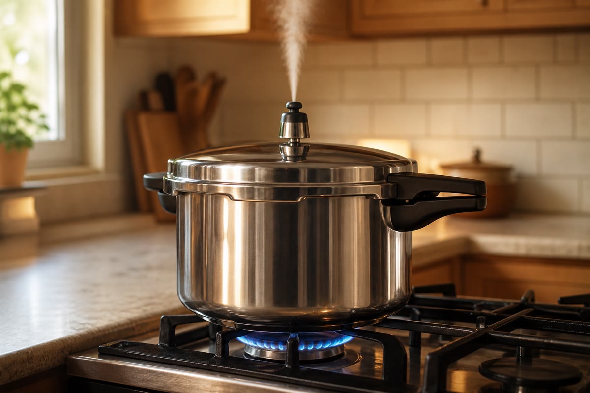 Een snelkookpan die afblaast: twee atmosfeer binnenin verschuiven de coëxistentielijn vloeistof–damp naar 121\, C — Clausius en Clapeyron, die het eten sneller klaarmaken.