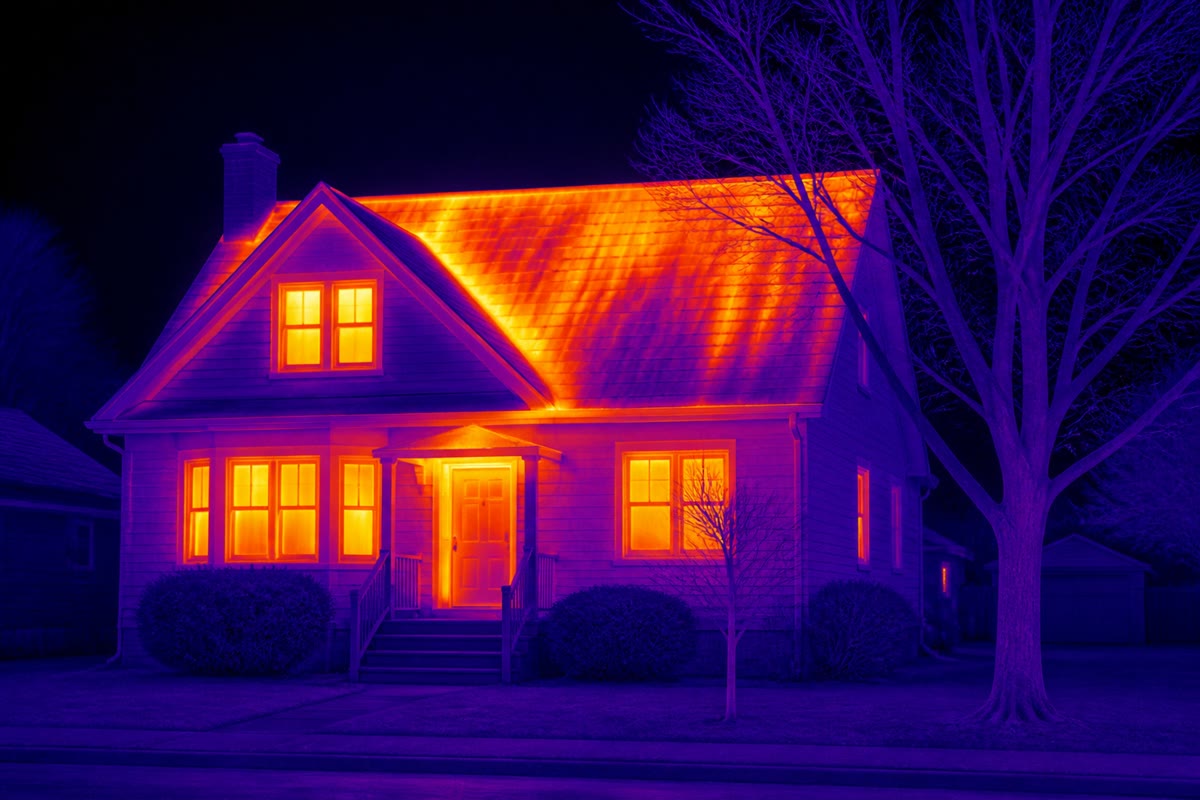 Una casa vista con una cámara térmica: cada superficie radia su espectro de Planck, y la cámara lee la temperatura directamente del infrarrojo — Stefan, Boltzmann y Wien auditando la factura de la calefacción.