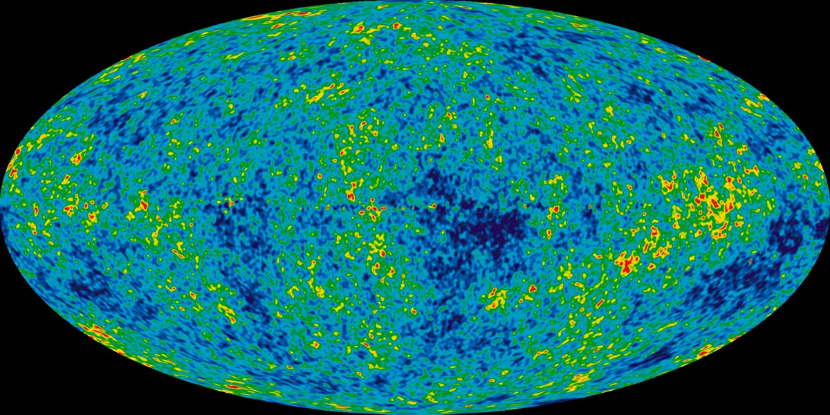 Todo el cielo en microondas (NASA/WMAP, dominio público): la radiación de Planck a 2.7\, K del fondo cósmico, cartografiada. El moteado es de una parte en 105 — las semillas de las galaxias, impresas sobre el cuerpo negro de este capítulo.