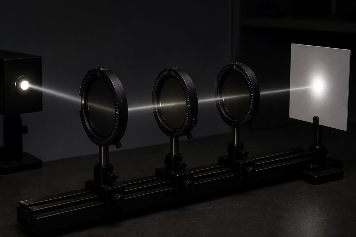 Trois polariseurs sur une paillasse : chacun est une mesure, qui projette l’état de la lumière sur un axe. En croiser deux et rien ne passe ; en glisser un troisième entre eux, en biais, et la lumière revient — les postulats de ce chapitre, joués sur une table.