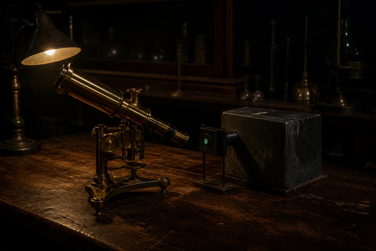 The first scattering laboratory: a brass microscope aimed at a zinc-sulfide screen, counting one faint green flash per arriving  particle. From such counts, angle by angle, Rutherford weighed the atom’s core.