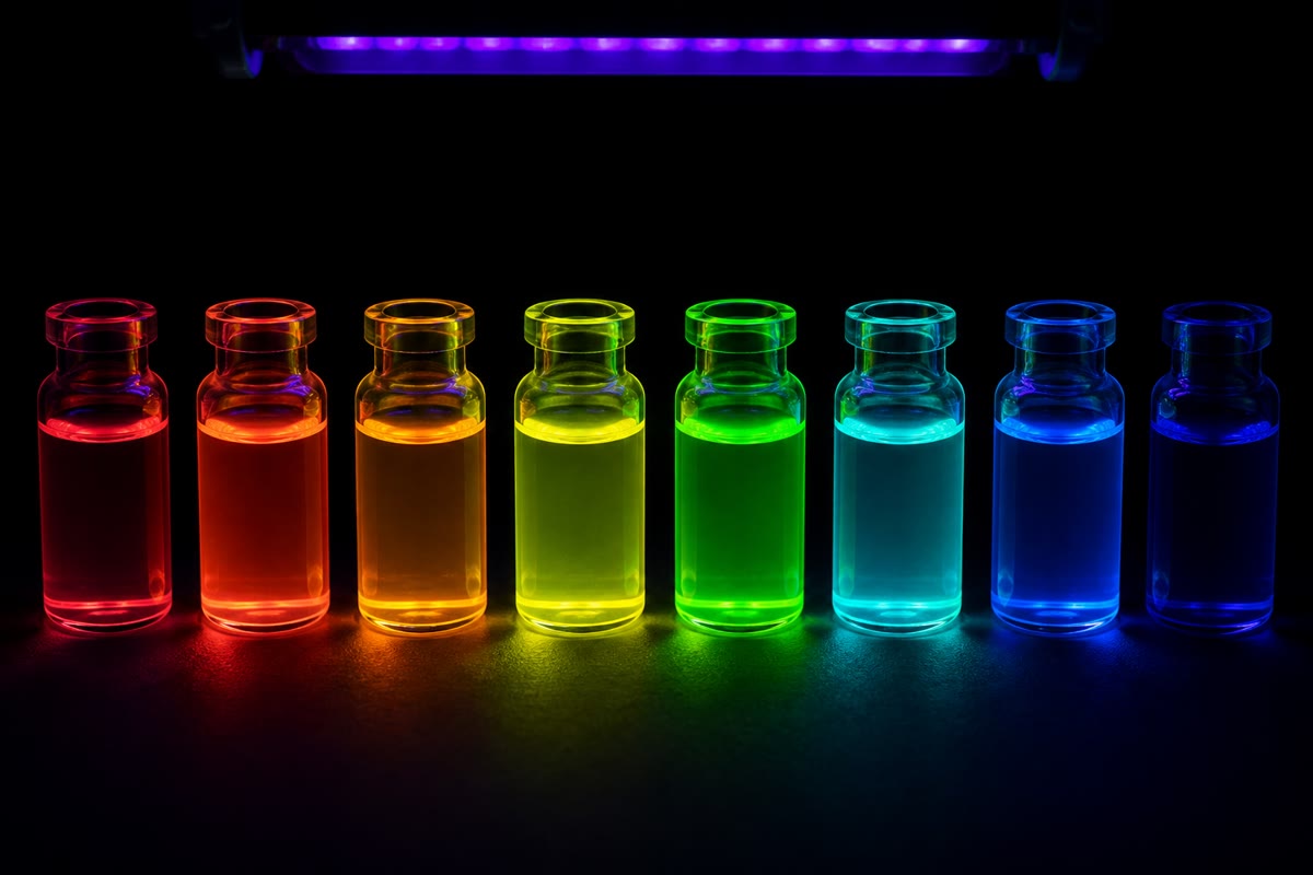 Pontos quânticos sob luz ultravioleta: o mesmo semicondutor, em cristais cada vez menores, brilha do vermelho ao azul. A cor é fixada pelas energias da partícula na caixa deste capítulo — confinamento que se pode ver.