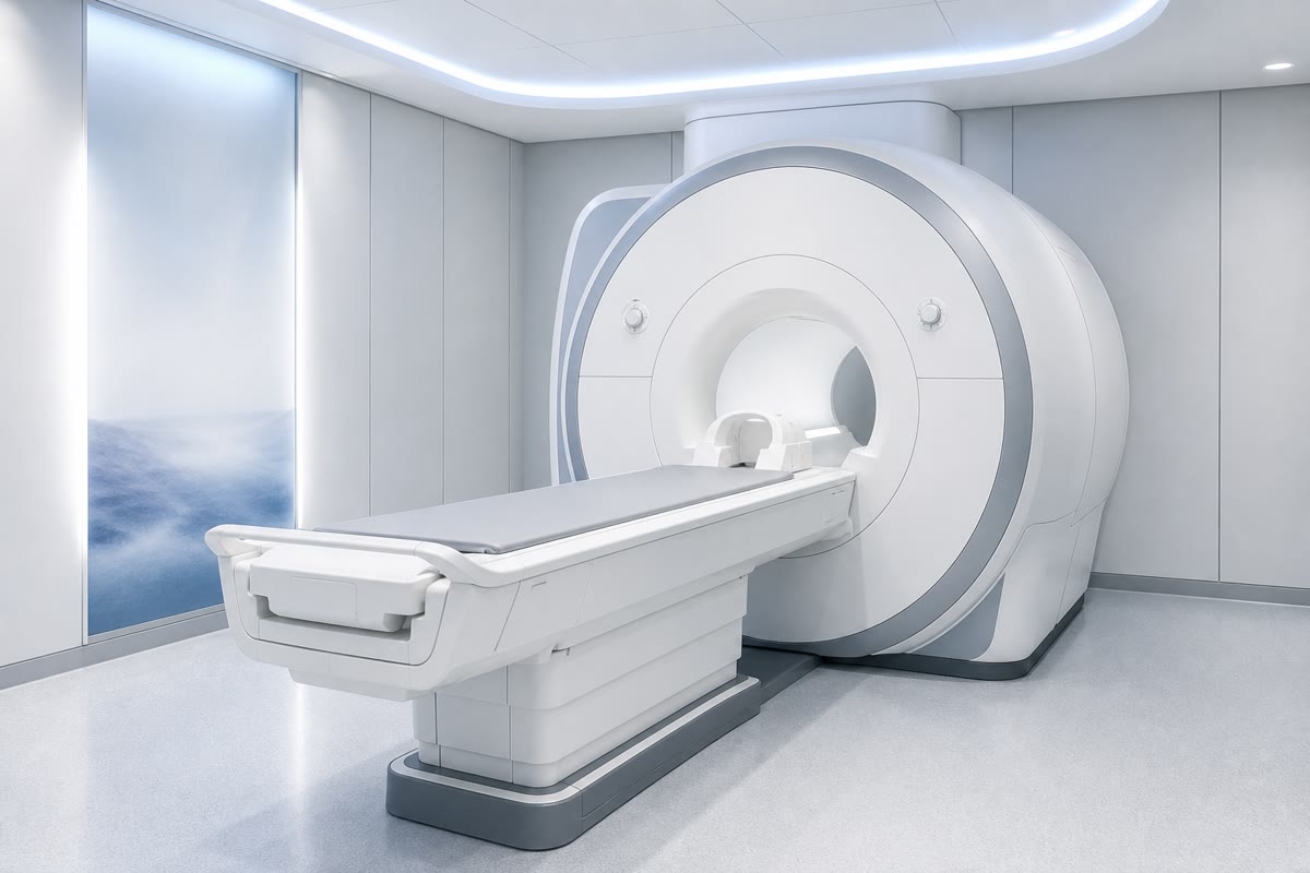 Een MRI-scanner: een supergeleidend veld lijnt de protonspins van het lichaam uit, radiopulsen kantelen ze, en hun larmorprecessie wordt spoel voor spoel teruggelezen — de natuurkunde met twee niveaus van dit hoofdstuk, die een knie in beeld brengt.